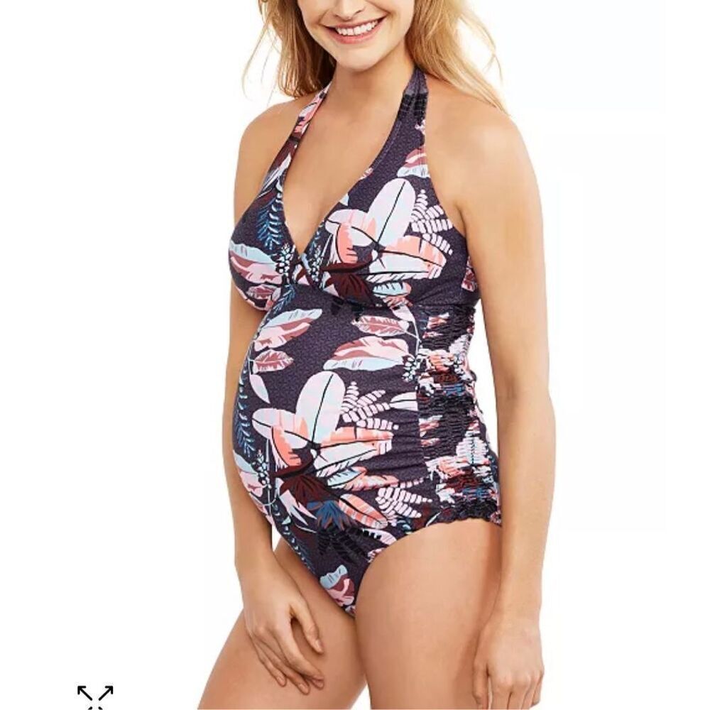 Motherhood Maternity Smocked Waist‎ Halter One-Piece Swimsuit Medium